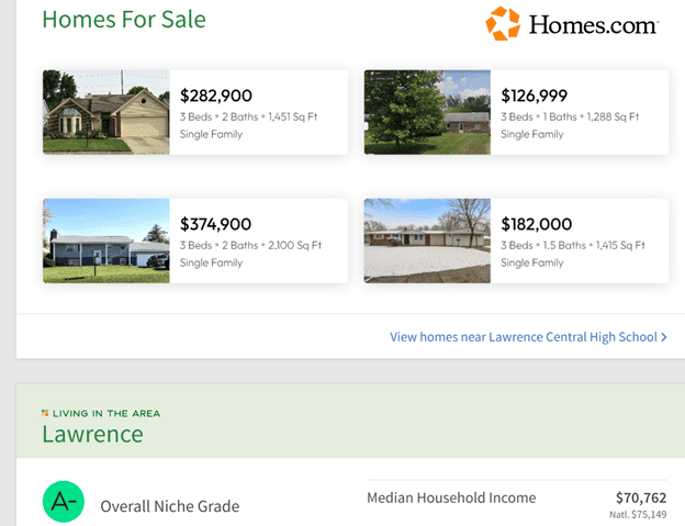 an ad for homes for sale on Niche.com
