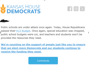 Fundraising email sent by Kansas House Democrats